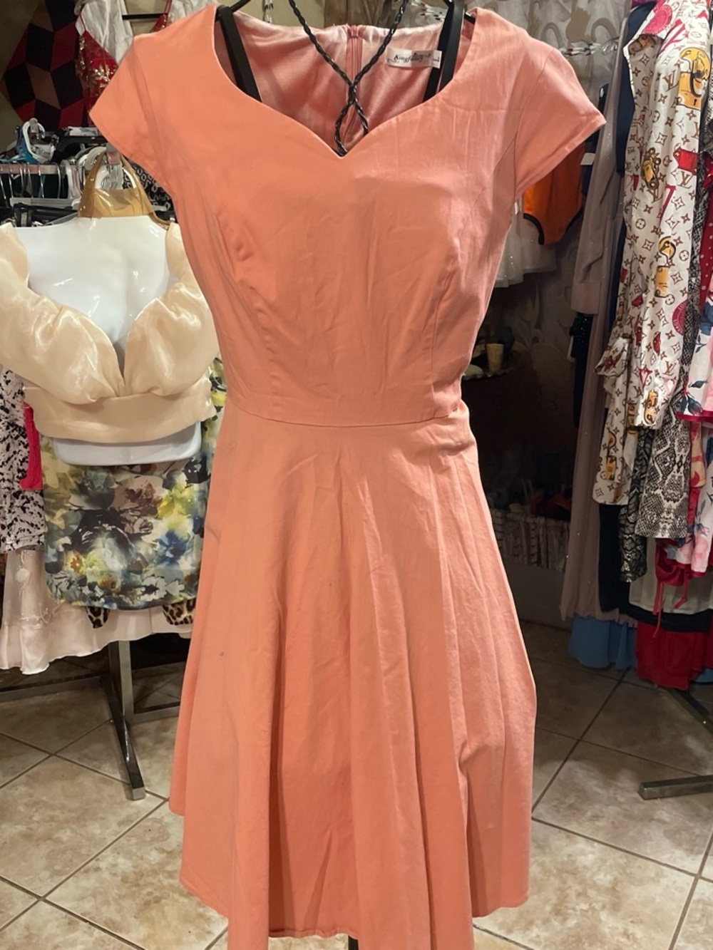 Women's Peach Midi Fit-and-Flare Dress by